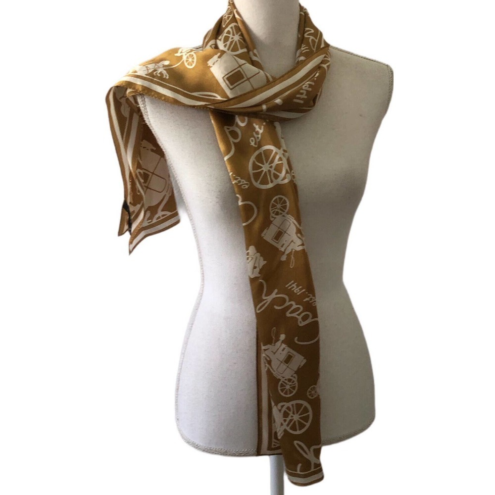 Coach scarf gold carriage pattern 100% silk 27×150 cm Used Japan - Picture 4 of 11